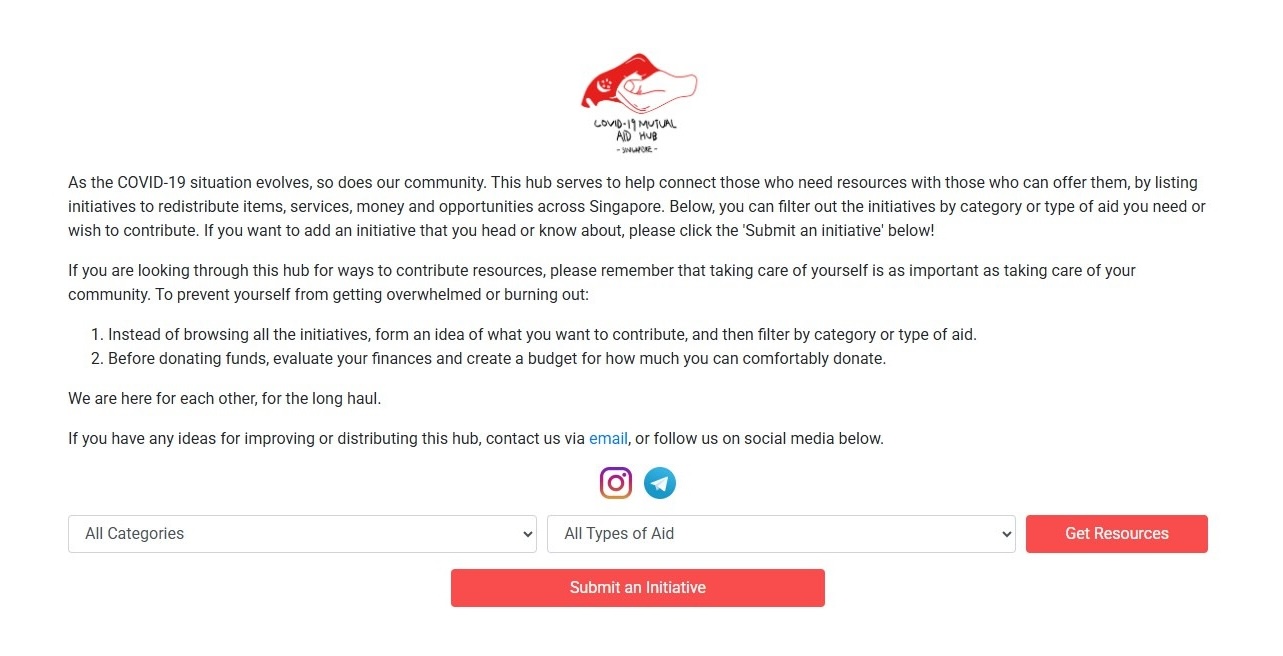 Screenshot of AidHub SG landing page